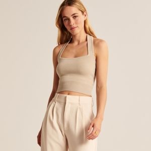 NWT Abercrombie Elevated Knit Slim Square Neck Halter Crop Top in Beige
